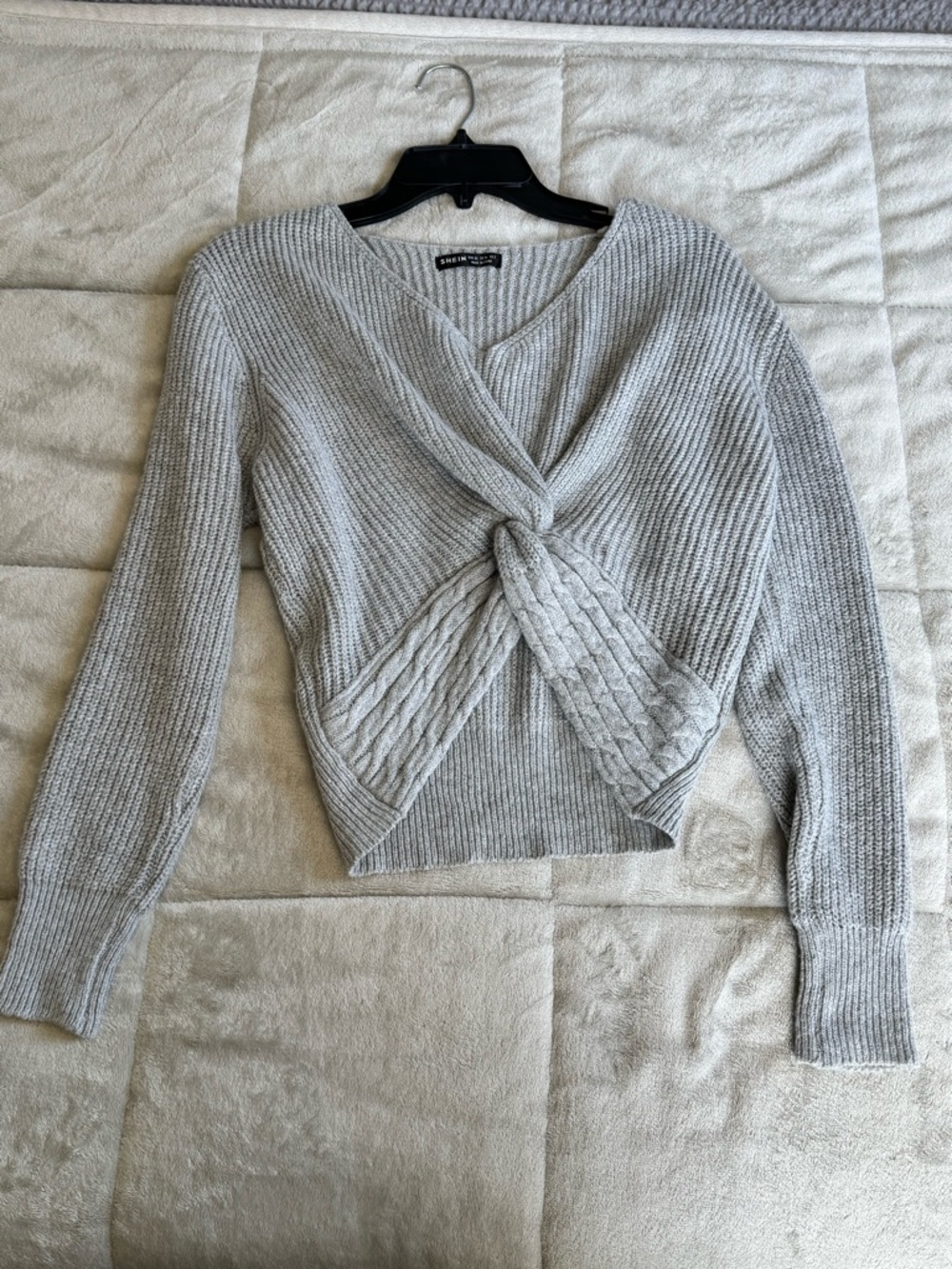 SHEIN Light Gray Twist-Front V-Neck Sweater